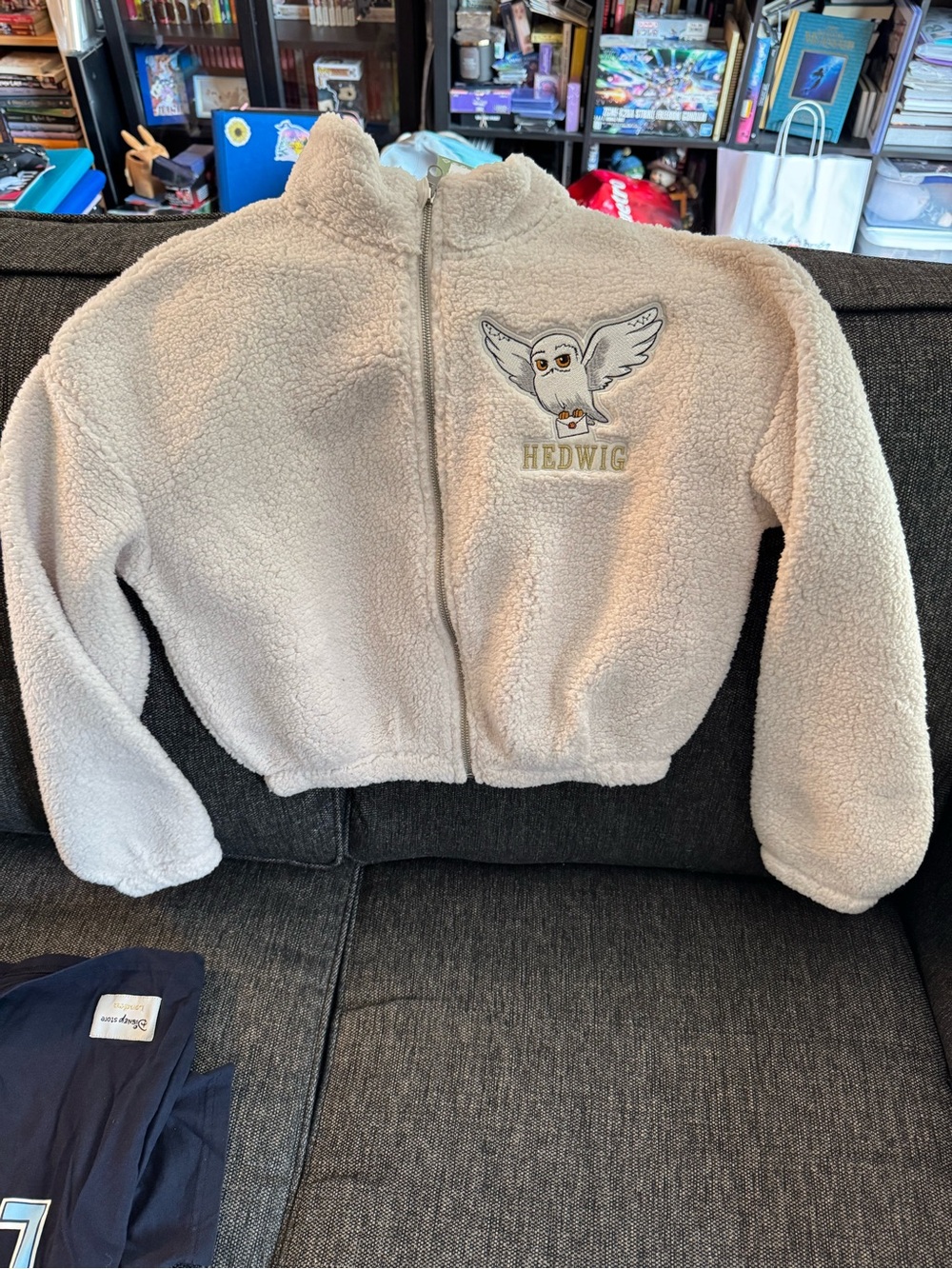 H&M Cream Sherpa Zip Jacket with Embroidered Owl Detail